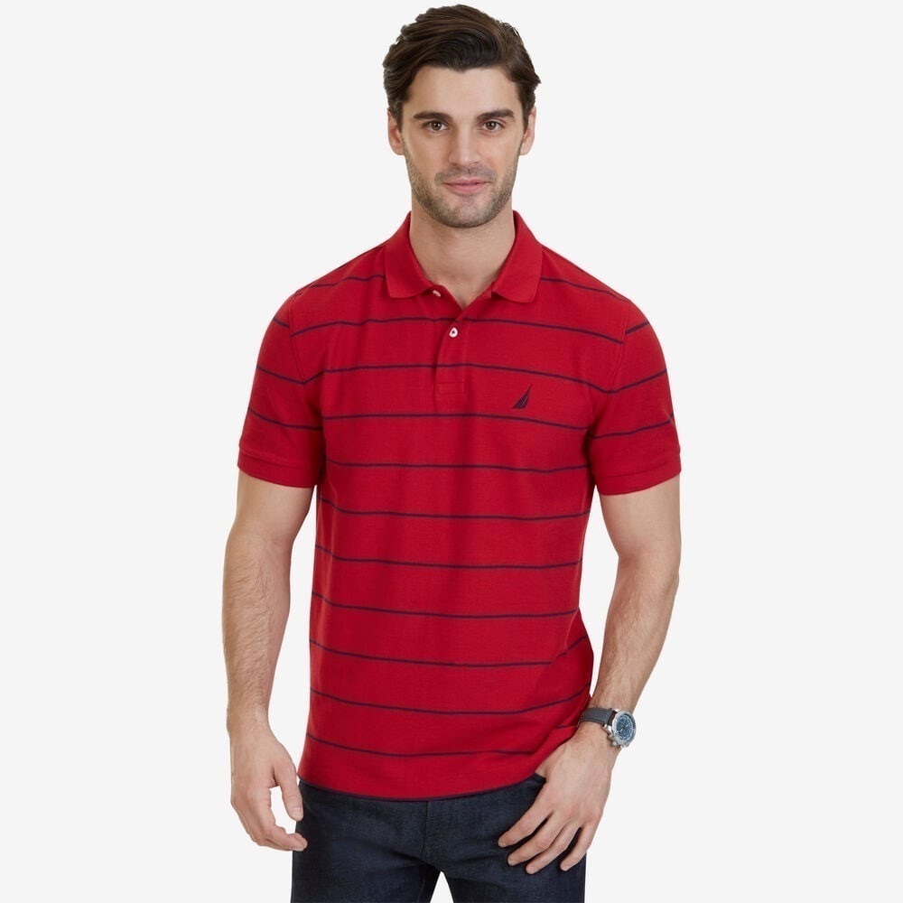 Nautica Red w/ Black Stripes Classic Fit Striped Performance Polo Deck Shirt, XL
